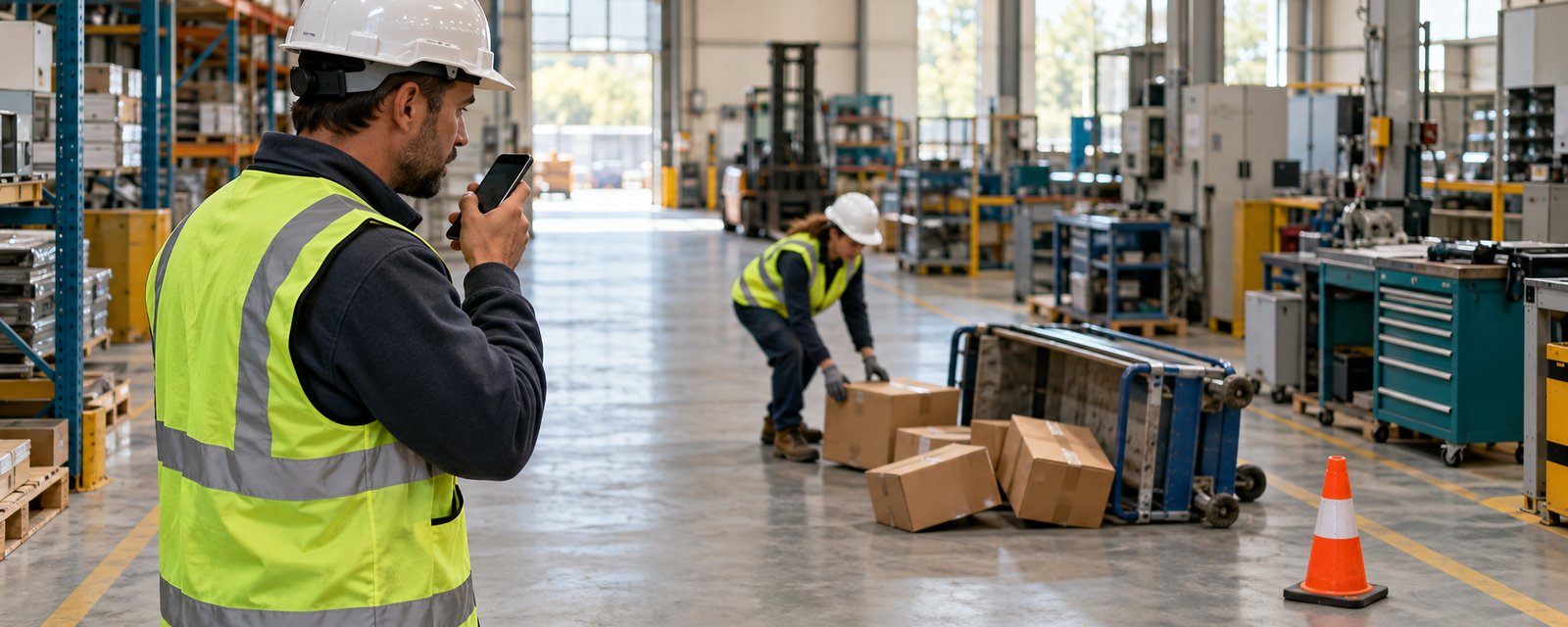 A worker phones in an incident report while a colleague picks up fallen boxes in a warehouse