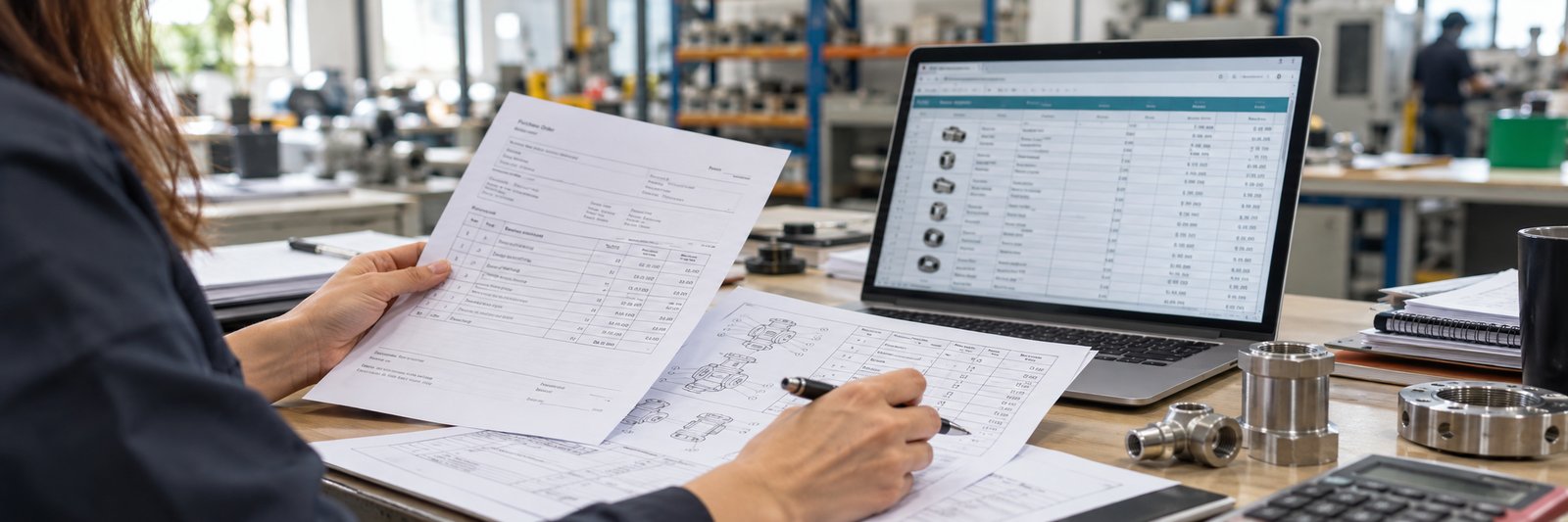 A purchase order and a bill of materials on a desk, with a price list open on a laptop in a workshop