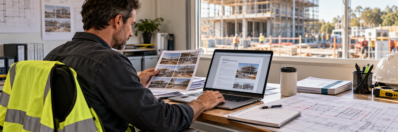 A site manager compares printed site photos with the report draft on a laptop in a site office